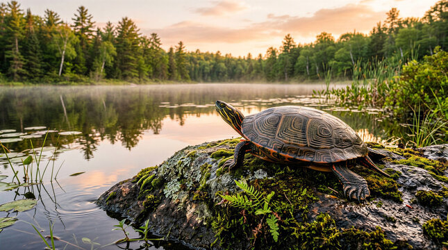 Detailed painted turtle resting on a mossy rock in the middle of a calm lake during a beautiful golden sunrise with soft mist rising above the peaceful forest water surface.