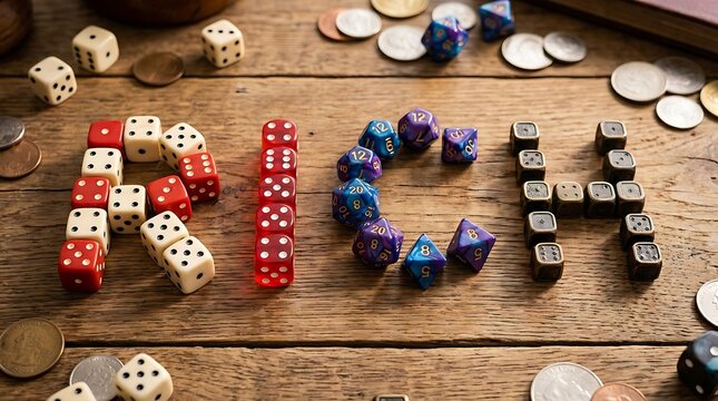 A creative arrangement of colorful dice and coins on a wooden surface forming a word