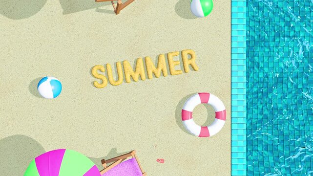 Summer loop animation with lounge chairs, beach umbrella, flip flop, swimming pool, inflatable ring and sand. 3d rendering and 4K stock video