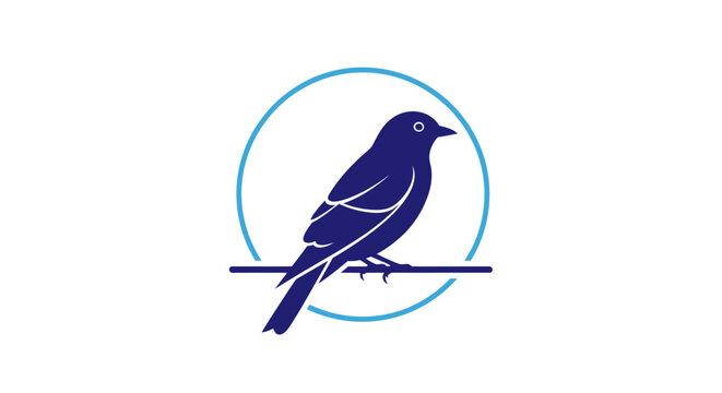 Minimalist blue bird logo design perched on a line within a circular frame.