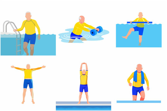 Senior Man Doing Water Aerobics and Swimming Pool Exercises Flat Vector Illustration Set