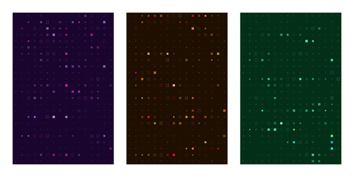 Abstract Digital Grid Backgrounds with Glowing Pixel Squares in Purple Orange and Green for Technology Design