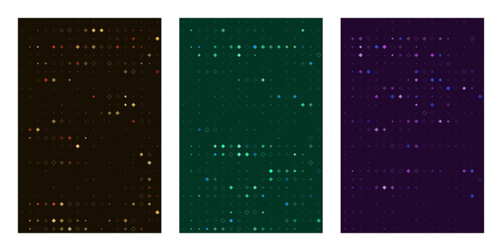Abstract Digital Data Grid Backgrounds with Glowing Geometric Patterns in Three Color Palettes for Technology Design
