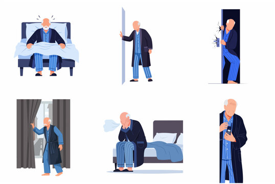 Senior man experiencing paranoia, anxiety, and sleep disorders. Vector illustrations of elderly male in pajamas showing fear, mental health issues, and suspicious behavior at home.