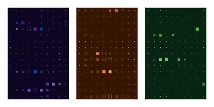 Abstract Digital Data Grid Backgrounds Set with Glowing Pixel Squares for Technology UI and Information Visualization