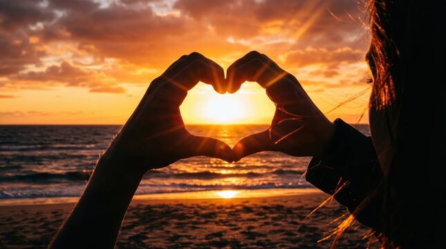 Hands forming heart shape around sun over ocean at sunset on sandy beach, person silhouette making romantic gesture during warm evening by sea, peaceful coastal mood