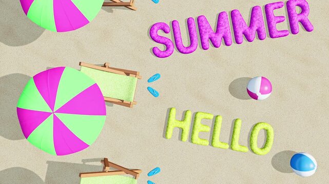 Summer loop animation with lounge chairs, beach umbrella, flip flop and sand. 3d rendering and 4K stock video