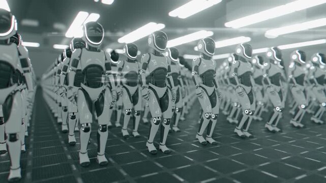 Endless 3d animation loop of a futuristic humanoid robot army marching in place together. Concept of mass automation, artificial intelligence taking over and technology workforce in a sci-fi cyber wor