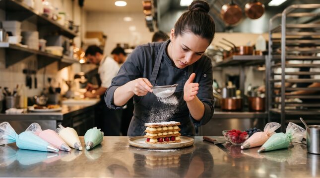 Pastry chef decorating layered dessert in busy commercial kitchen, female baker concentrating on precise sprinkling and plating of cream and fruit between sponge layers during service