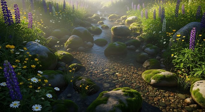 Serene garden pond with colorful koi fish swimming among lush green plants.