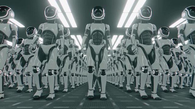Endless 3d animation loop of a futuristic humanoid robot army marching in place together. Concept of mass automation, artificial intelligence taking over and technology workforce in a sci-fi cyber wor