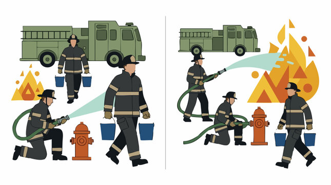 Firefighters actively working to extinguish a fire with truck, hose, and buckets