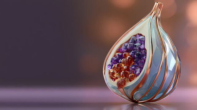 pomegranate, fruit, open pomegranate, halved pomegranate, rose gold, gemstone, 3D render, luxury artifact, conceptual, ornament, jewelry design, filigree, metallic structure, ruby red, amethyst purple
