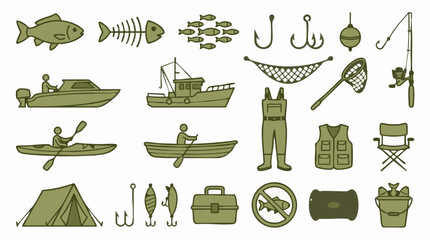 Fishing and Outdoor Recreation Icons Collection with Gear and Watercraft © Vision Plus Studio
