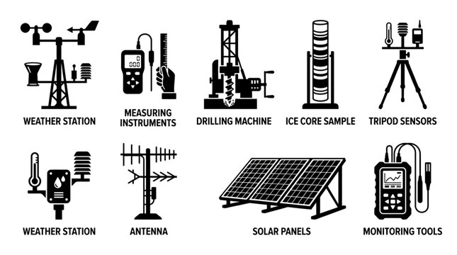 Scientific Monitoring Vector Icons Weather Station Measuring Instruments Drilling Machine Ice Core Sensors Antenna Solar Panels Research Tools Climate Data Design Collection