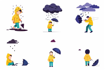 Fototapeta premium Vector set of a young boy in a yellow raincoat experiencing rainy and windy weather with an umbrella