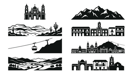 Obraz premium Landmarks Landscapes Vector Icons Colonial Church Mountains Desert Hills Historic Buildings Cable Car Skyline Valley Architecture Culture Heritage Design Collection