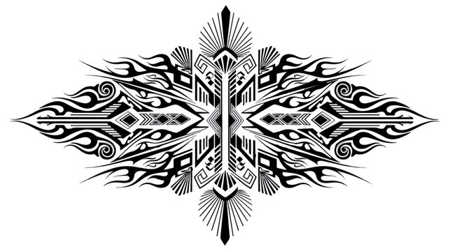 Abstract monochrome geometric fractal pattern with central symmetrical design on black background
