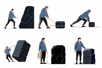 Set of vector illustrations depicting a man pulling, pushing, and carrying a heavy boulder, representing hard work, physical effort, and overcoming life's burdens and obstacles. © Pelabuhan
