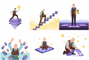 Senior man navigating the digital world and social media notifications, set of conceptual illustrations depicting technology adoption, information overload, and digital mindfulness for elderly