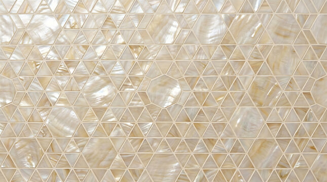 Geometric mother of pearl mosaic tile pattern with iridescent shimmering triangular and hexagonal shell segments