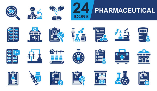 Pharmaceutical Icons set vector illustration. Containing Medical Lab, Prescription, Test Tube, Pharmacy, Experiment Results and more. Simple solid icons collection.