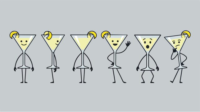 Set of funny martini glass characters with various expressions.