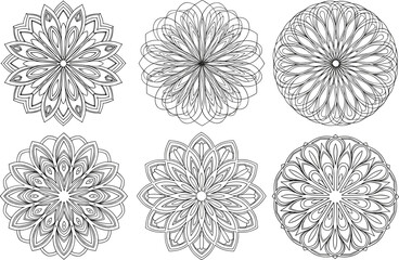 Obraz premium Circular mandala vector pattern set with intricate geometric line art for adult coloring book pages print and decorative design projects