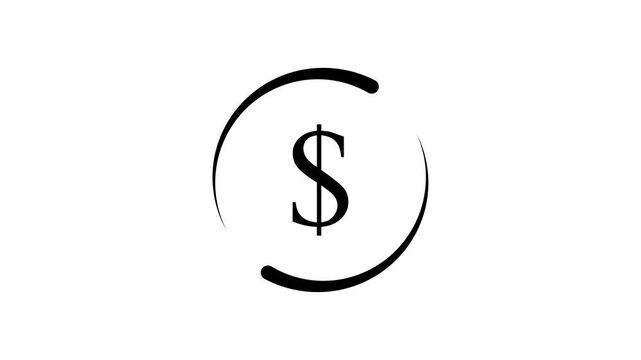 black dollar and Round circle arrow icon animation on white background.with 4k video animation.