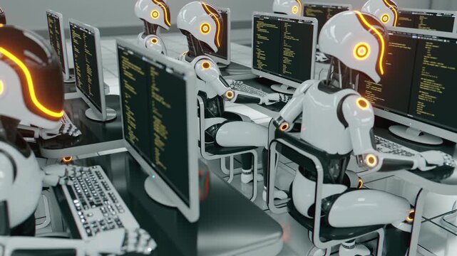 Endless 3d loop of futuristic humanoid robots working at computers. Concept of mass production, factory automation, robotics industry and advanced technology workforce in a sci-fi warehouse