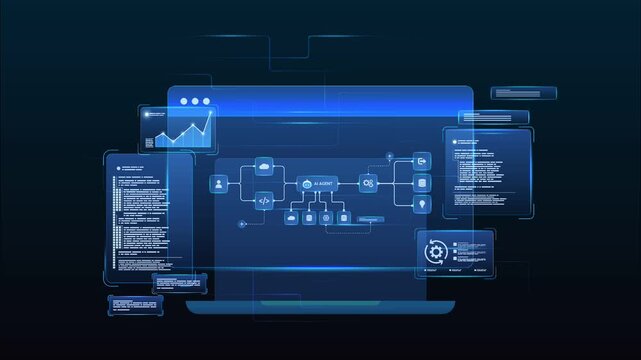 Futuristic AI automation workflow network diagram dashboard system processing flow with automation pipelines, analytics dashboards, code modules and automation system, looped animation