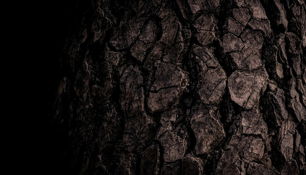 Closeup of a textured tree bark surface, showing deep fissures and rugged patterns on a dark, weathered trunk in a natural forest setting