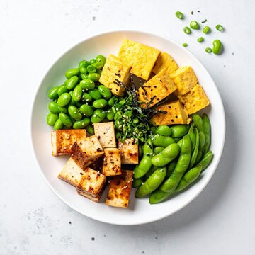 高たんぱく 豆腐と枝豆の和風ヘルシープレート 植物性タンパク質 俯瞰 片側に余白