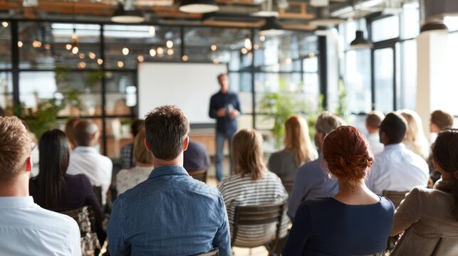 Seminar Audience Listening Attentively: A speaker addresses a room full of attentive listeners during a professional seminar, highlighting education and information exchange.