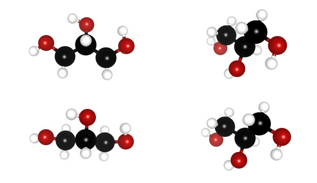 3D Chemical Structure Model Glycerin Glycerol Propane-1,2,3-triol C3H8O3 Molecule Atoms Spheres Connection Links Scientific Illustration Research Bio Chemistry Education, pharmaceutical, cosmetic