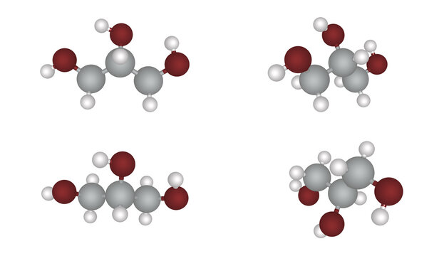 3D Render Glycerin Chemical Structure Propane-1,2,3-triol C3H8O3 Molecular Model Formula Organic Chemistry Science Research Education Biochemistry Laboratory Compound, Pharmaceutical, Cosmetic, Atoms