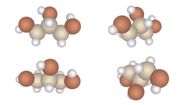 3D Chemical Structure Model Glycerol Molecules Isolated Propane-1,2,3-triol Organic Chemistry Visualization Molecular Scientific Research Biological Science Laboratory, Pharmaceutical, Cosmetic
