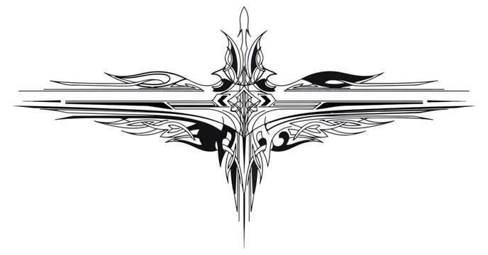 Abstract silver metallic tribal flame design on black background