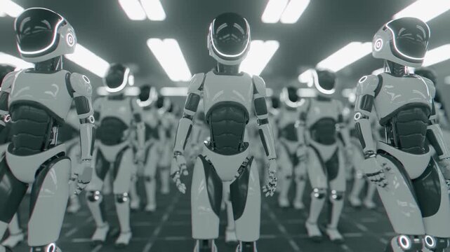 Endless 3d animation loop of a futuristic humanoid robot army marching in place together. Concept of mass automation, artificial intelligence taking over and technology workforce in a sci-fi cyber wor