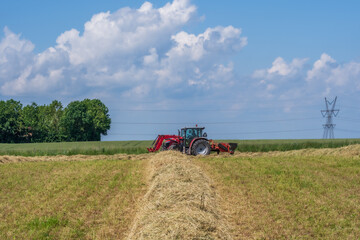 Fototapeta premium Red tractor raking hay on a sunny summer field
