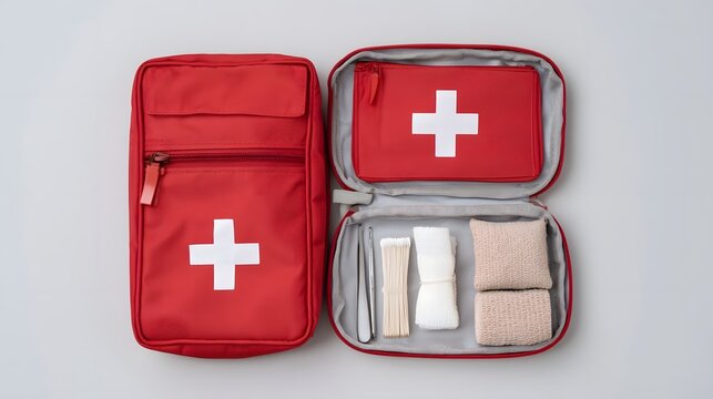 A neatly arranged and clinically presented first aid kit emphasizing calm and professional health supplies