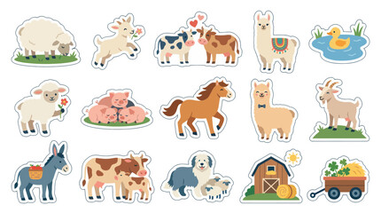 Fototapeta premium Cute Farm Animals and Barn Vector Art Sticker Set, Flat Style