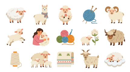 Obraz premium Textile Craft Collection: Cute Flat Vector Illustrations of Wool Animals, Yarn, and Knitting Supplies