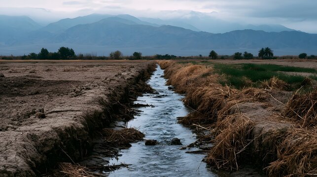 A bleak and desolate landscape featuring broken irrigation channels stretching toward distant featureless mountains