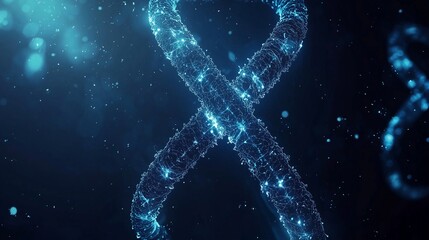 Fototapeta na wymiar Glowing x chromosome formed by intertwined dna strand on blue background symbolizing genetic information and heredity.