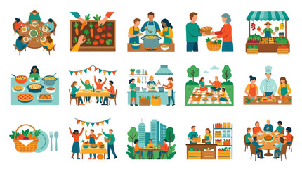 Naklejka premium Flat Vector Illustrations of People Enjoying Food and Community Gatherings