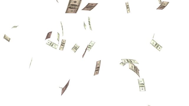 Money explosion overlay isolated chroma key. Banknotes money flying down animation loop. American money paper one hundred dollars banknotes. Money rain 4k videos. 100 Dollar bills falling down, 