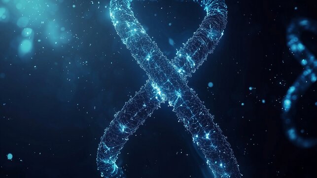 Glowing x chromosome formed by intertwined dna strand on blue background symbolizing genetic information and heredity.