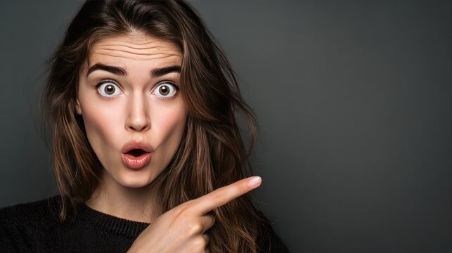 Shocked Woman Pointing: A young woman expresses shock and surprise, her eyes wide and mouth agape as she points to something off-camera. A moment of sudden realization or unexpected discovery.