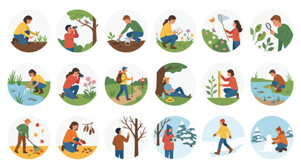 Fototapeta premium Flat Vector Illustration of People Enjoying Seasonal Outdoor Activities and Nature Study